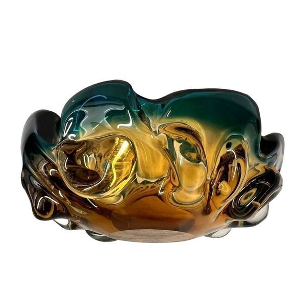 Murano Art Glass Amber blue green Bowl - Picture 3 of 7